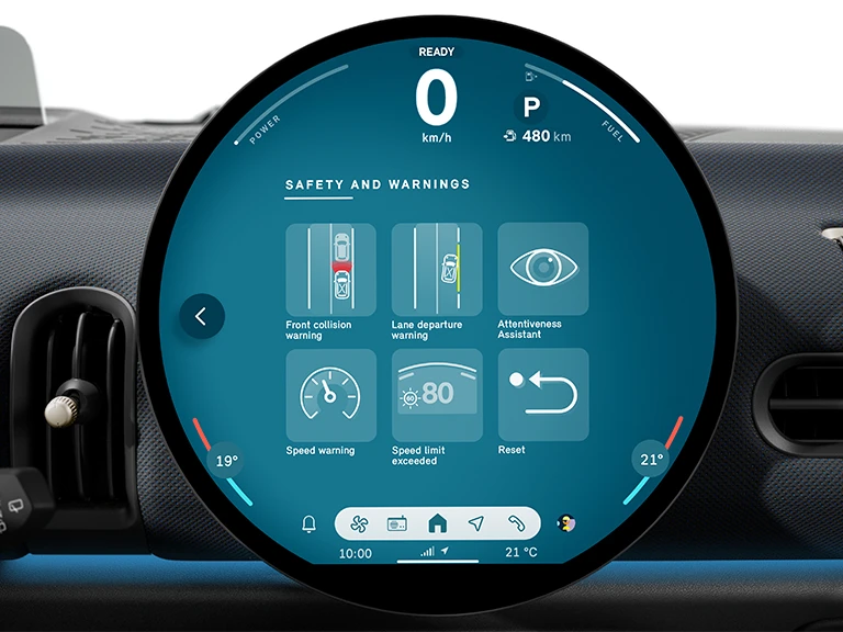 Video highlighting safety features of the MINI Cooper 3‑Door, including driver assistance systems and protective technologies.